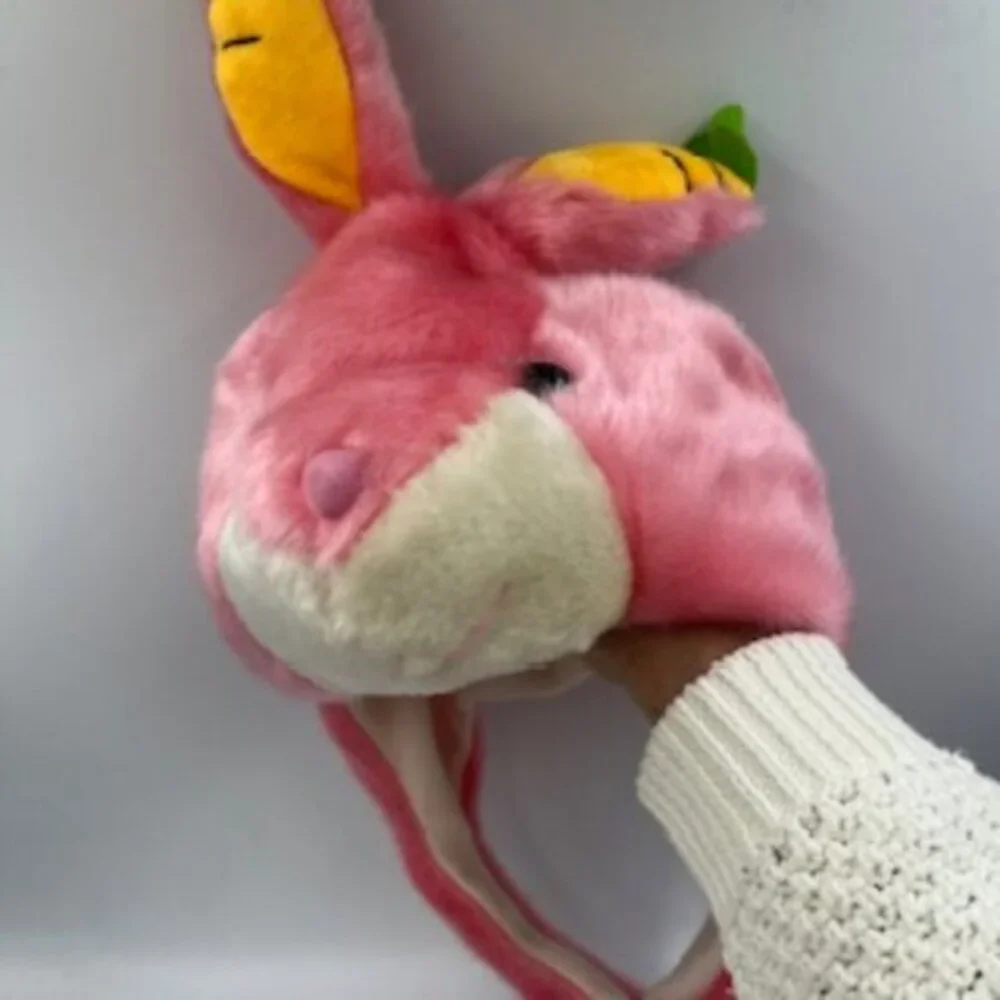 Pink‎ Girl's Hat  Plush Fuzzy Snow beanie Bunny Ears Warm  Fluffy Pom Pom Tie